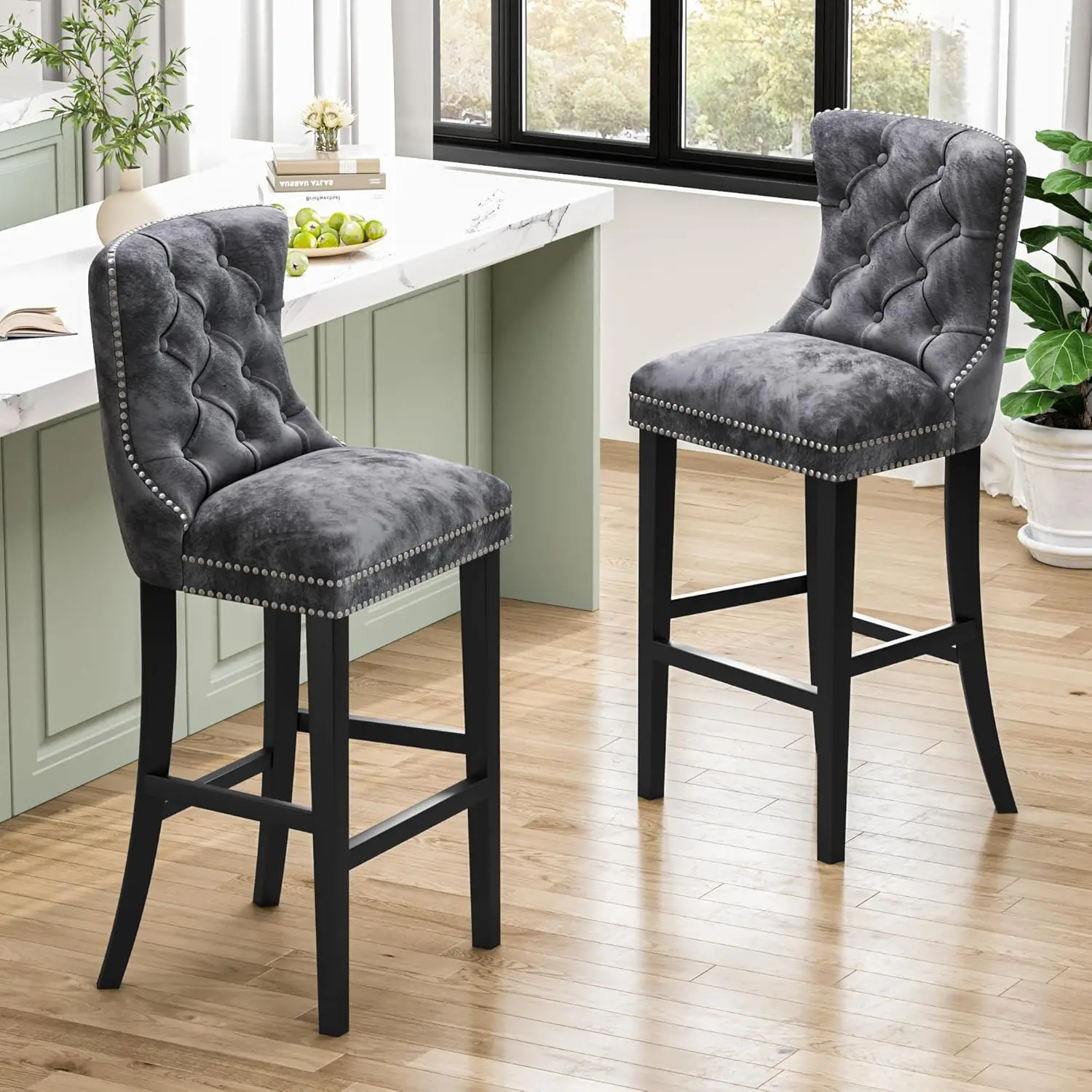 Upholstered Counter Height Bar Stools Set of 2, Velvet Tufted Bar Stools with Back and Footrest, Farmhouse Kitchen Island Stools