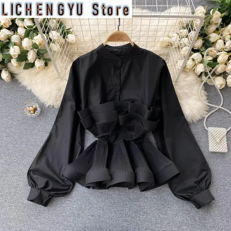 Women Puff Long Sleeve Shirt Pleated Ruffle Blouse Patchwork Temperament Top Slim Waist Shirt Sweet Korea Summer