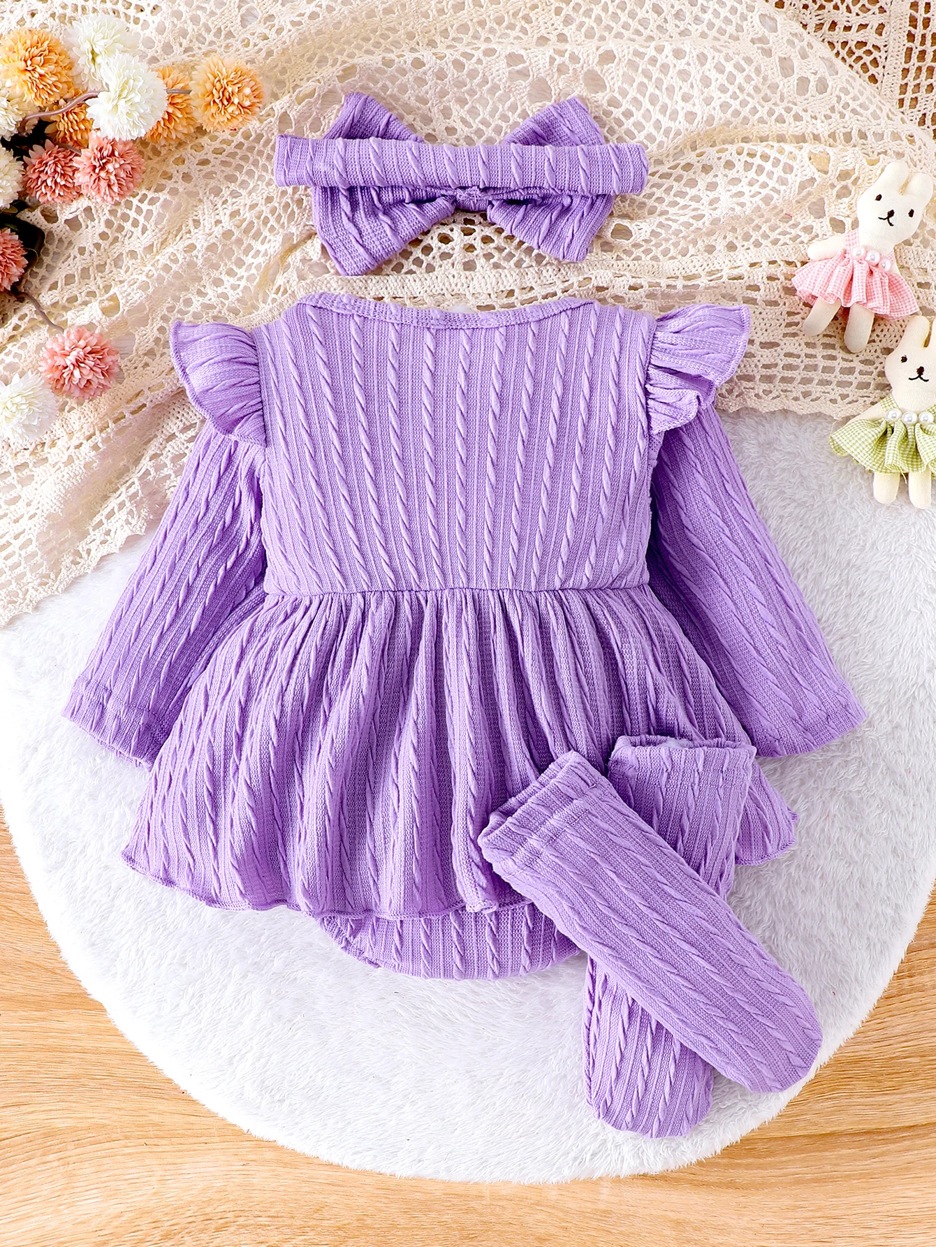 3PCS In Autumn, Newborn Girls Aged 0-1 Years Old Are Comfortable, Sweet And Cute Little Twist One-Piece Dress + Head Socks