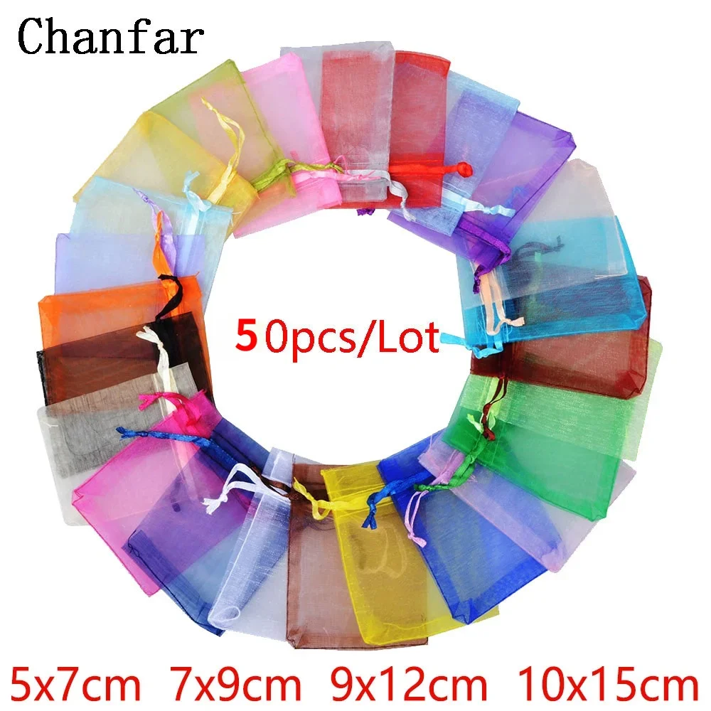 50pcs 24 Colors Jewelry Bag 5*7 7*9  9*12  10*15cm Wedding Gift Organza bag Jewelry Packaging Display & Jewelry Pouches