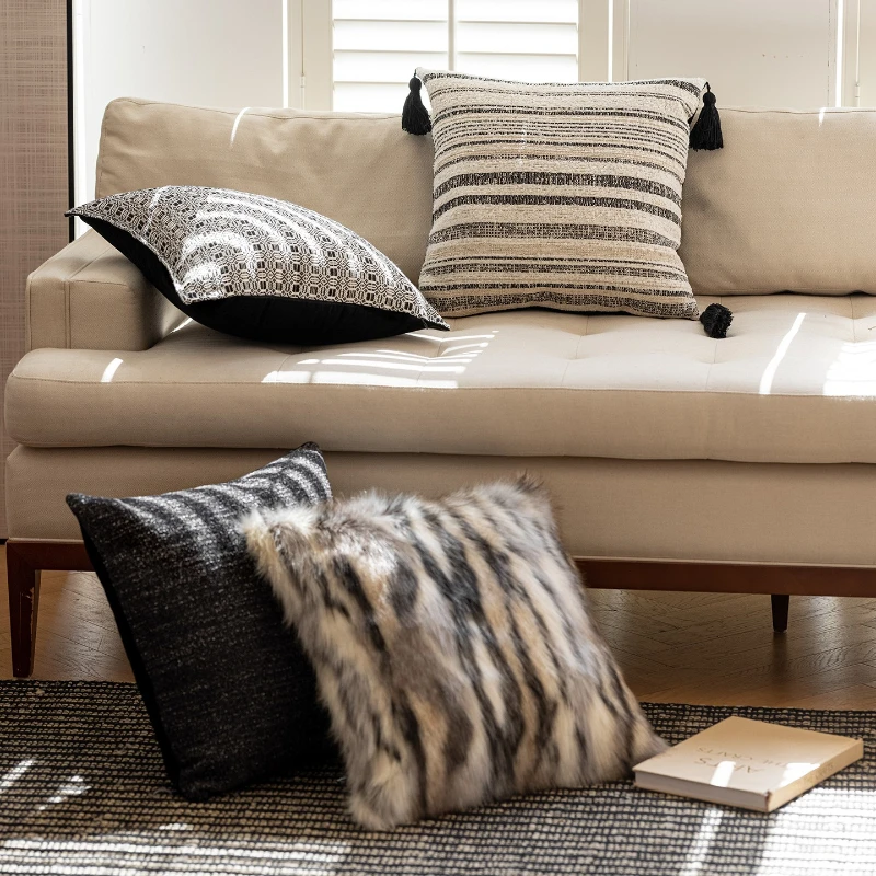 45x45CM Black Minimalist Throw Pillow Cover Tassel Stripe Stamping Waist Cushion Cover Decor Home Decorative Pillowcase