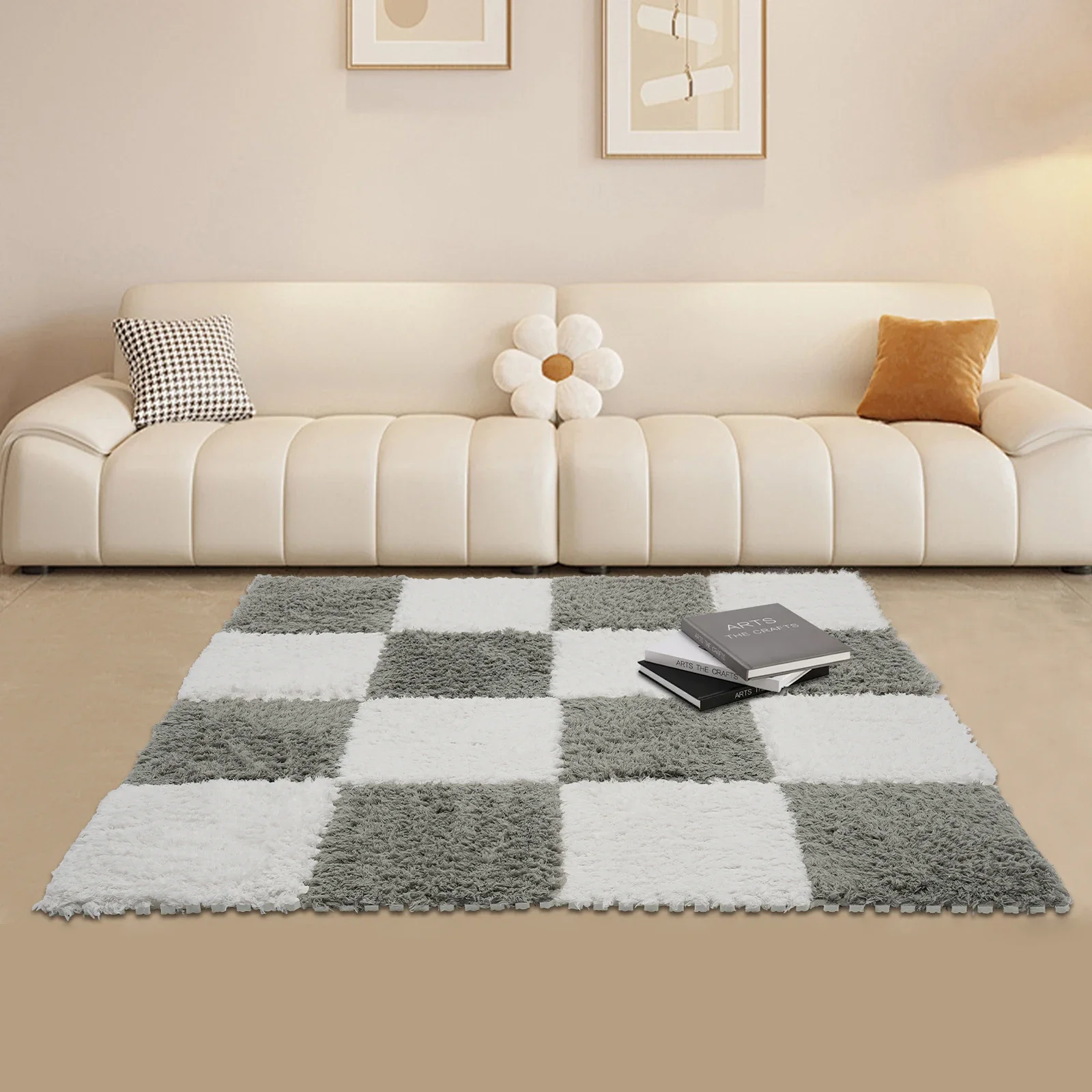 

16 Pcs Polyester Carpet Tiles (8 White & 8 Gray), Fluffy Rug, Square Interlocking Carpet Tiles W/ Border Soft Fluffy Play Foam Puzzle Floor Mat 11.8'' for Living Rooms, Bedrooms, Children's Rooms & Studies