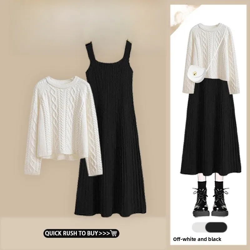 

Women's Knitted Sweater Dress Set round Neck Long Sleeve Loose Fit Autumn Winter Outfit Comfortable Lazy Style Two-Piece Suit