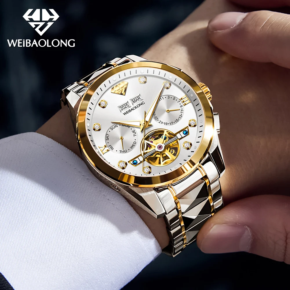 WEIBAOLONG 3801 Mens Watch Real Diamond Wristwatch Multi-functional Skeleton Original Automatic Mechanical Watch