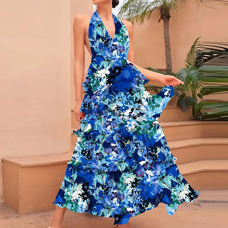 女性のセクシーな背中の開いた中空アウトロングドレスファッションフラワープリントボヘミアンパーティードレスエレガントな V ネックホルターレイヤー休暇ドレス