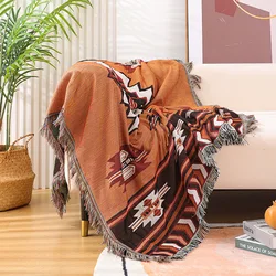 Retro Indian Style Thread Blanket Countryside Geometry Sofa Cobertor Hanging Tapestry Cotton Knitted Sofa Blanket for Bed Travel