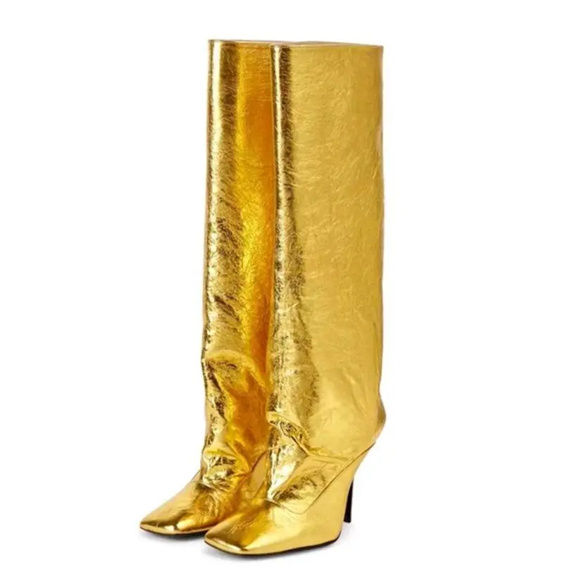 Gold Sienna Leather Knee-High Boots Knight Boots Square Toe Women Botas High Heels Shoes Zapatos Para Mujeres Sapato Feminino