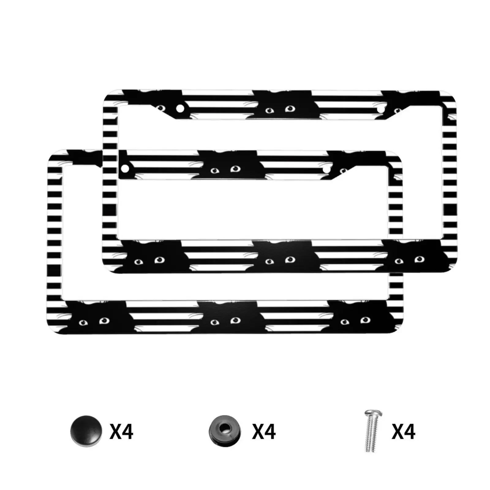 Cute Black Cat and White Striped Print 2 Holes Solid Aluminum License Plate Holder Universal Car License Plate Frame Screws