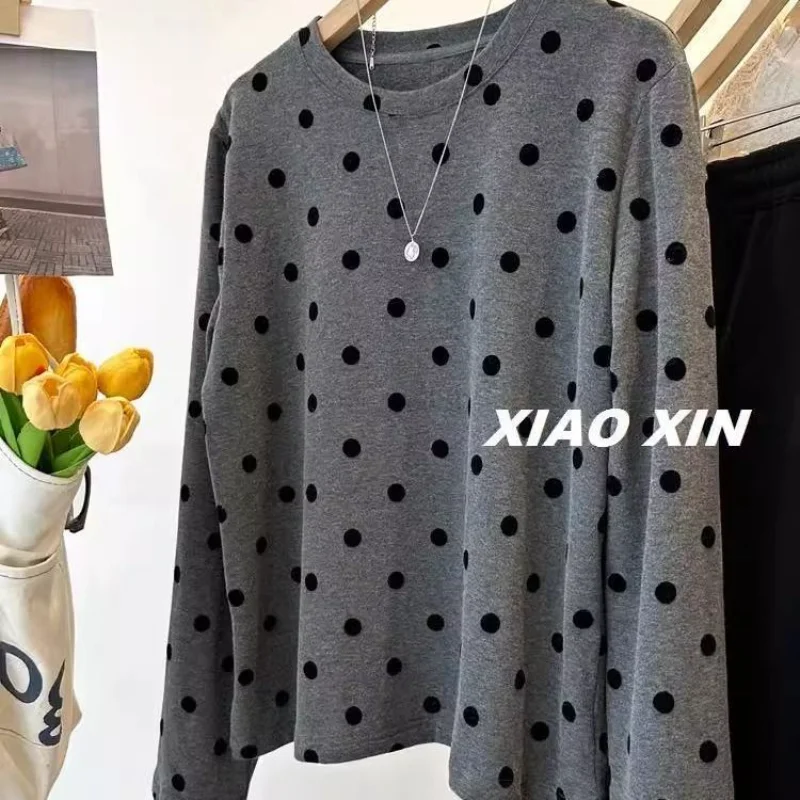 

Fat Mm Polka Dot Printed Round Neck Bottoming Warm Inner Layer Slimming T-shirt Top