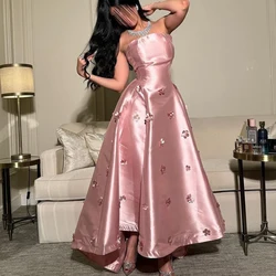 Pink A-Line Exquisite Satin Flowers Strapless Sleeveless Evening Dress Floor Length Formal Pleats for Women Wedding Party Dress