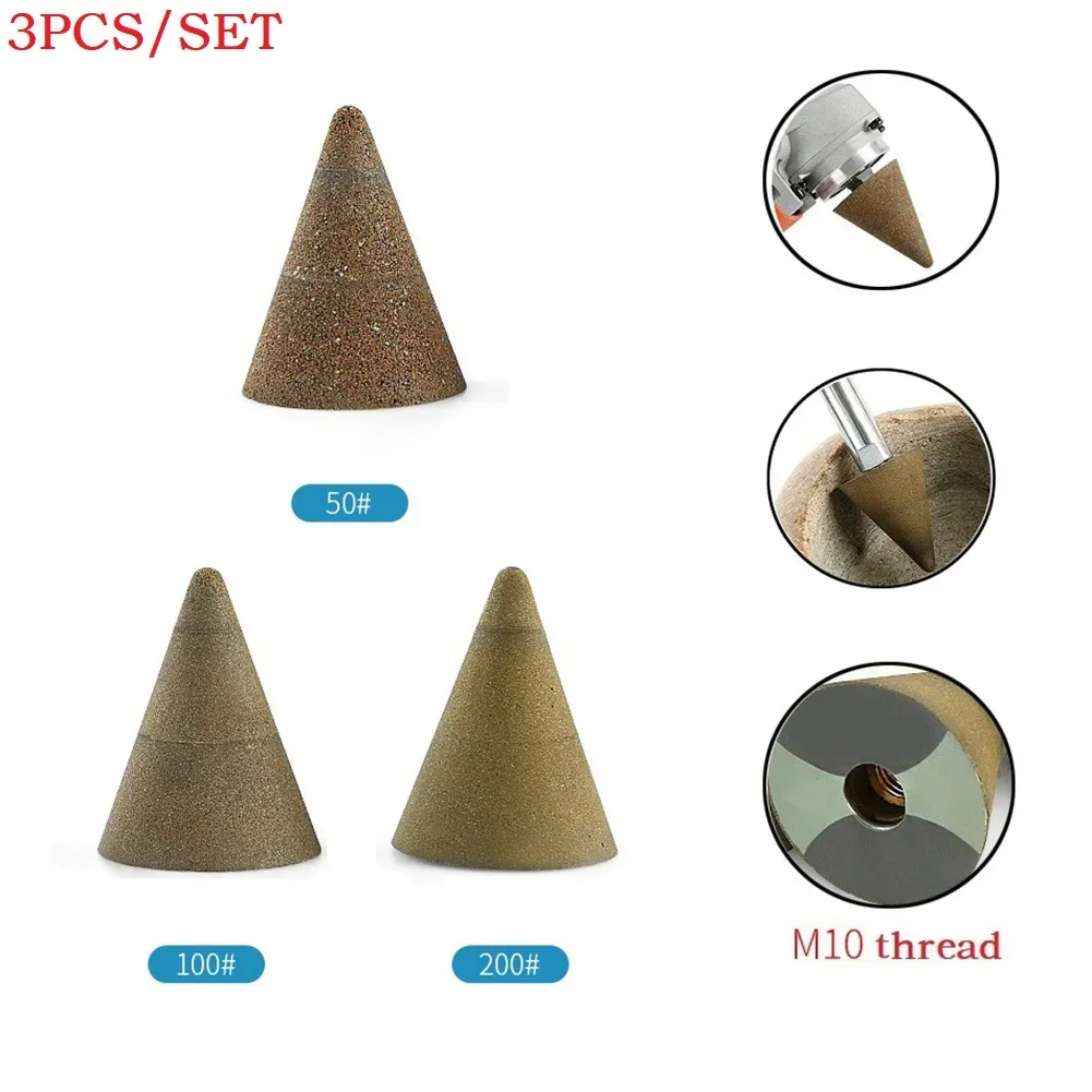 3pcs M10 Thread Conical Diamond Grinding Wheel 50/100/200 Mesh For 100 Type Angle Grinder Chamfering Grinding Finishing Stones