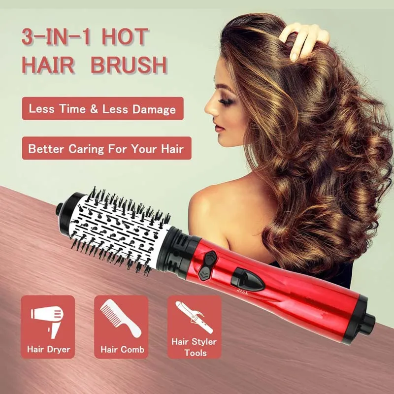 Rotating Hair Dryer Brush Electric Blow Drier Comb Hot Air Straightener Curler Iron One Step 2 Gears Blower Replaceable 2 Heads