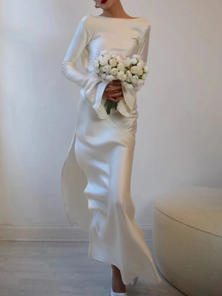 春の新作 レディース Oネック ファッションドレス ホワイトサテン 長袖 スリム イブニングドレス セクシー ホローアウト バックレス マーメイド ローブドレス
