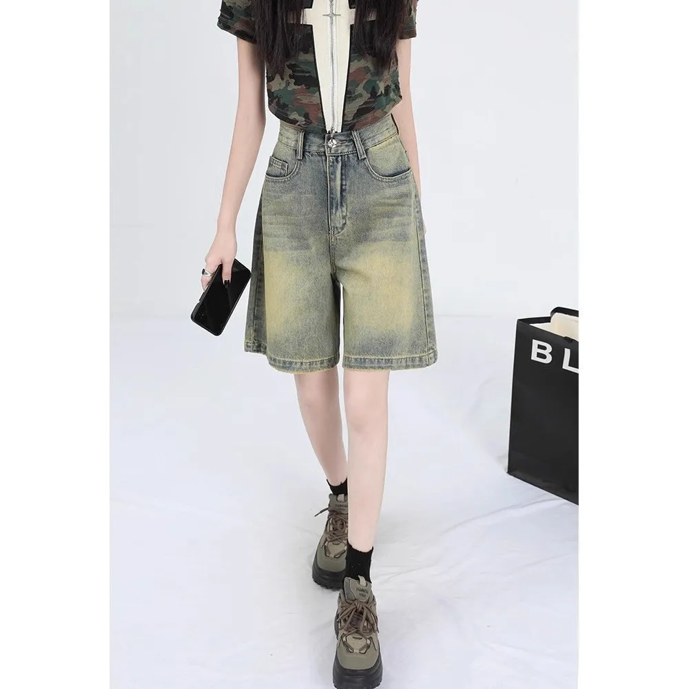 Women's Summer Shorts Casual High Waist Denim Shorts Distressed Wash Wide Leg Jean Shorts Knee Length Retro Vintage Cutoffs