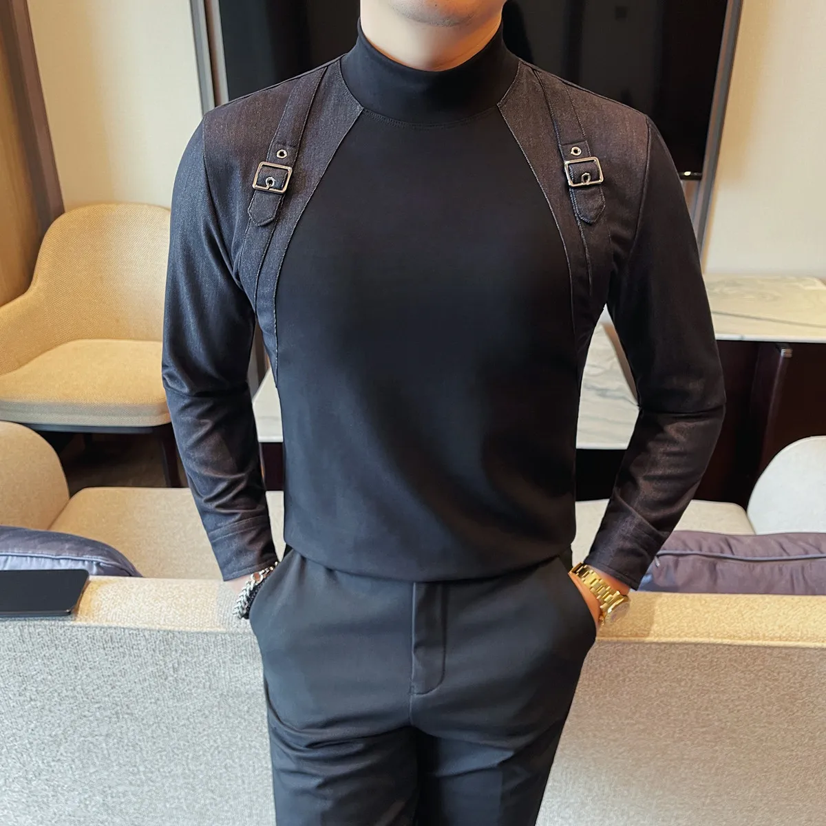 2026 Fashion Strap Design Half High Collar T Shirts High Qualitys Men's Long Sleeve Slim Fit Elastic Cotton Casual Tees 4XL-M