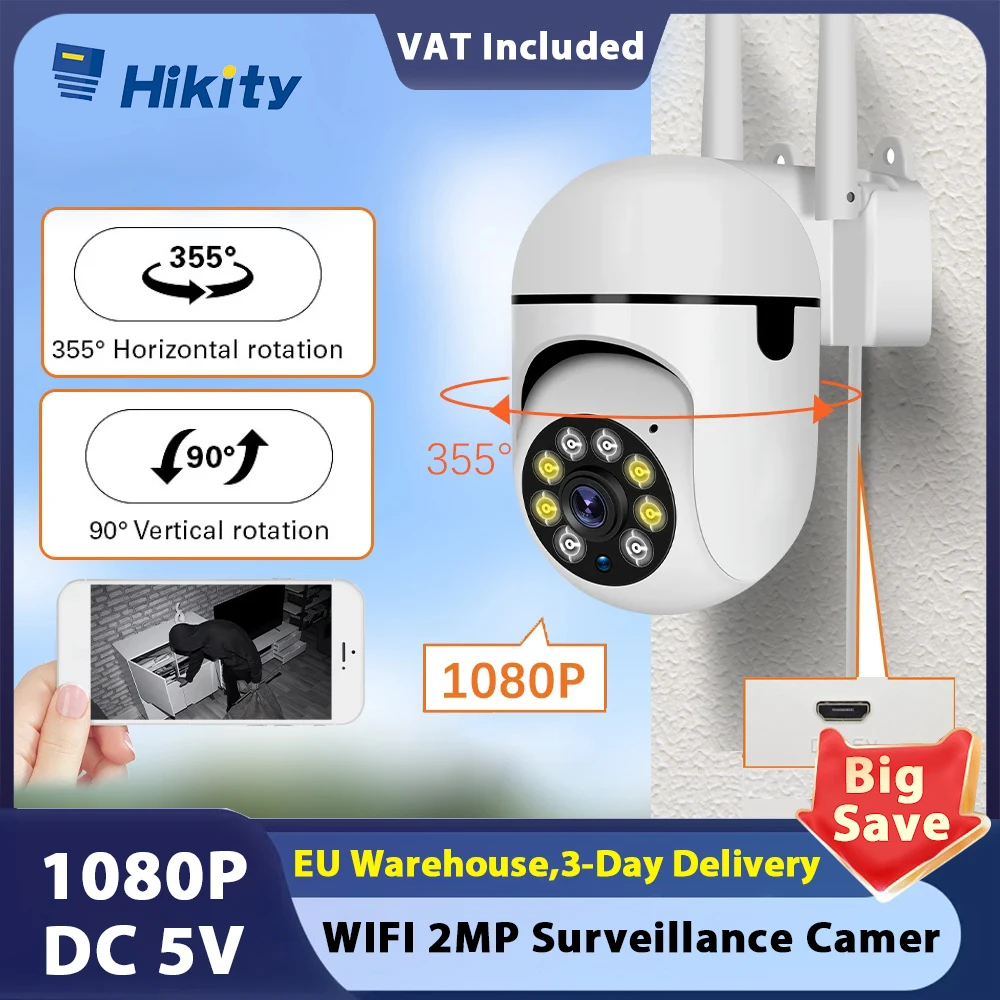 Hikity Wifi 2MP Surveillance Camera Indoor Full Color Night Vision Wireless IR Night Vision Motion Detection Home Security Cam