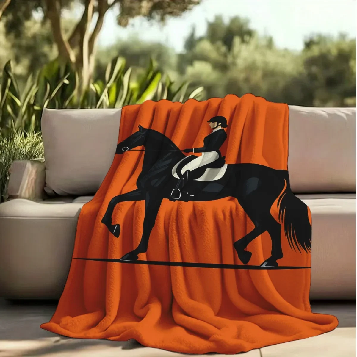 Custom Flannel Blanket Elegant Equestrian Theme Throw With Black Horse & Rider, Orange Background, Cozy Warm Fabric For Sofa, Pe