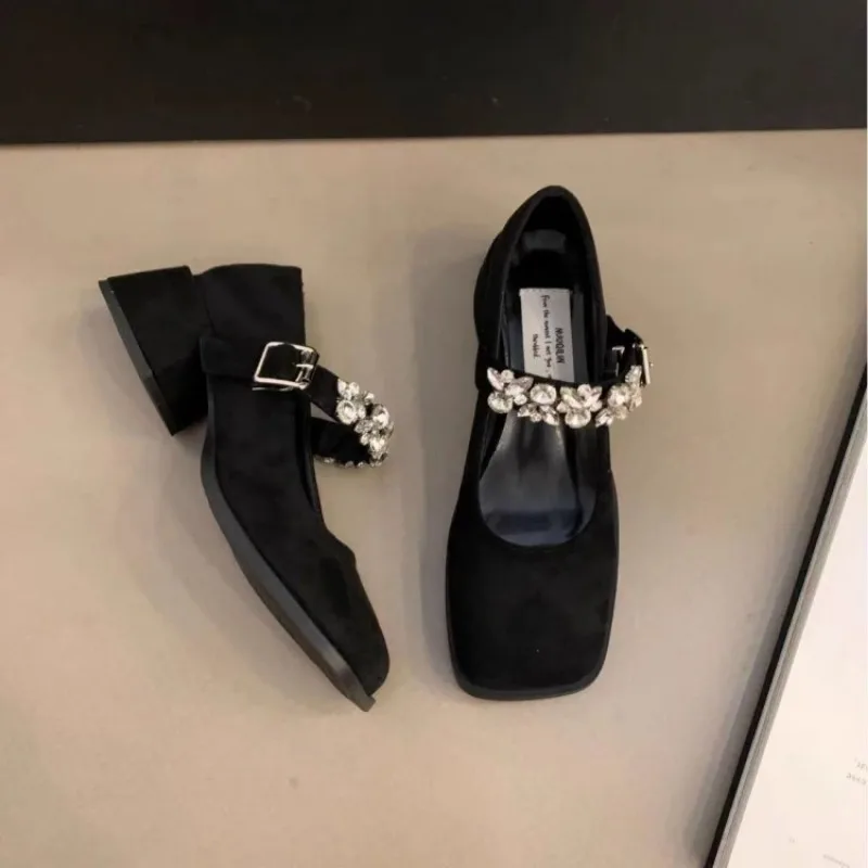 Women's Fashion Single Shoes Autumn New Square Head Shallow Mouth Rhinestone Line with Mary Jane Small Leather Shoes