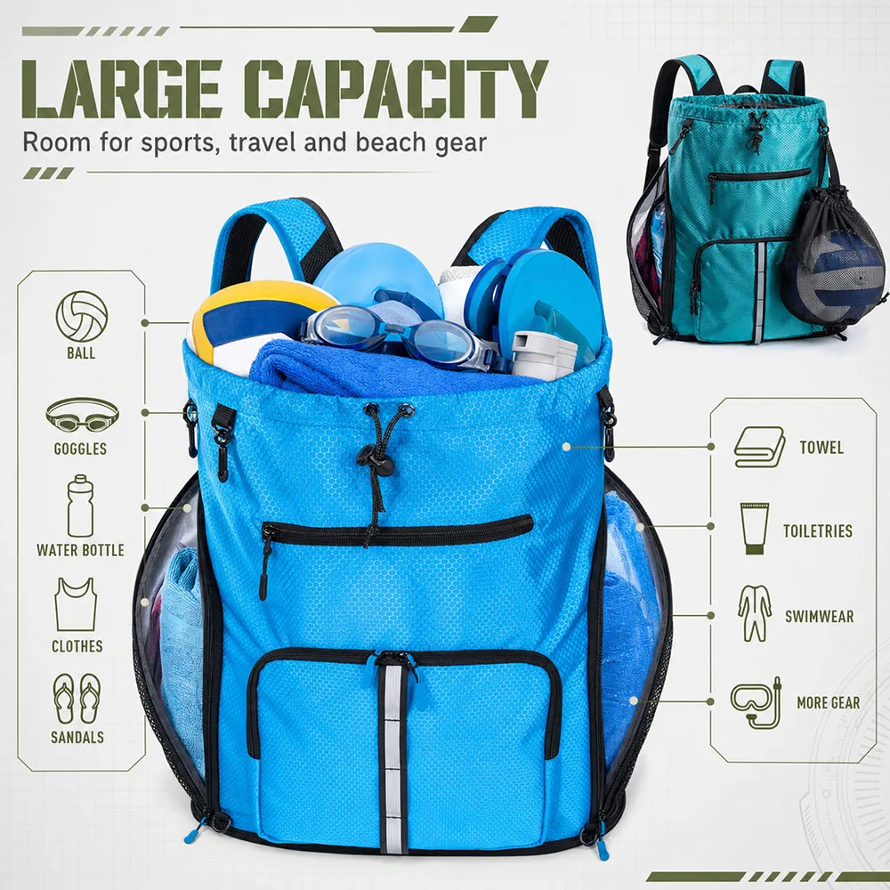 Large Capacity Drawstring Backpack Waterproof Sports Gym Bag with Detachable Mesh Pocket for Travel Hiking Fitness Training