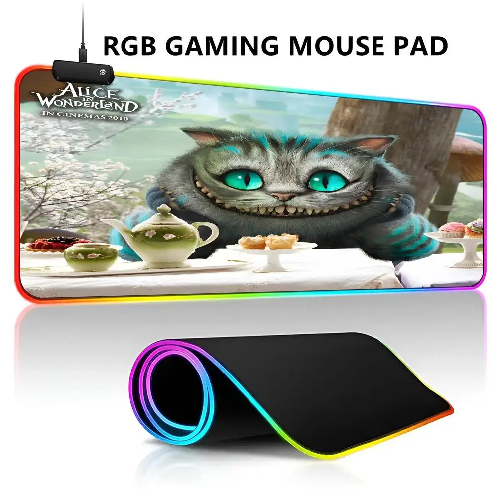 Disney Alice in wonderland Cat Mouse Pad RGB LED Light Gaming Waterproof Large Gamer Mouse Carpet Big Keyboard PC Desk Play Mat