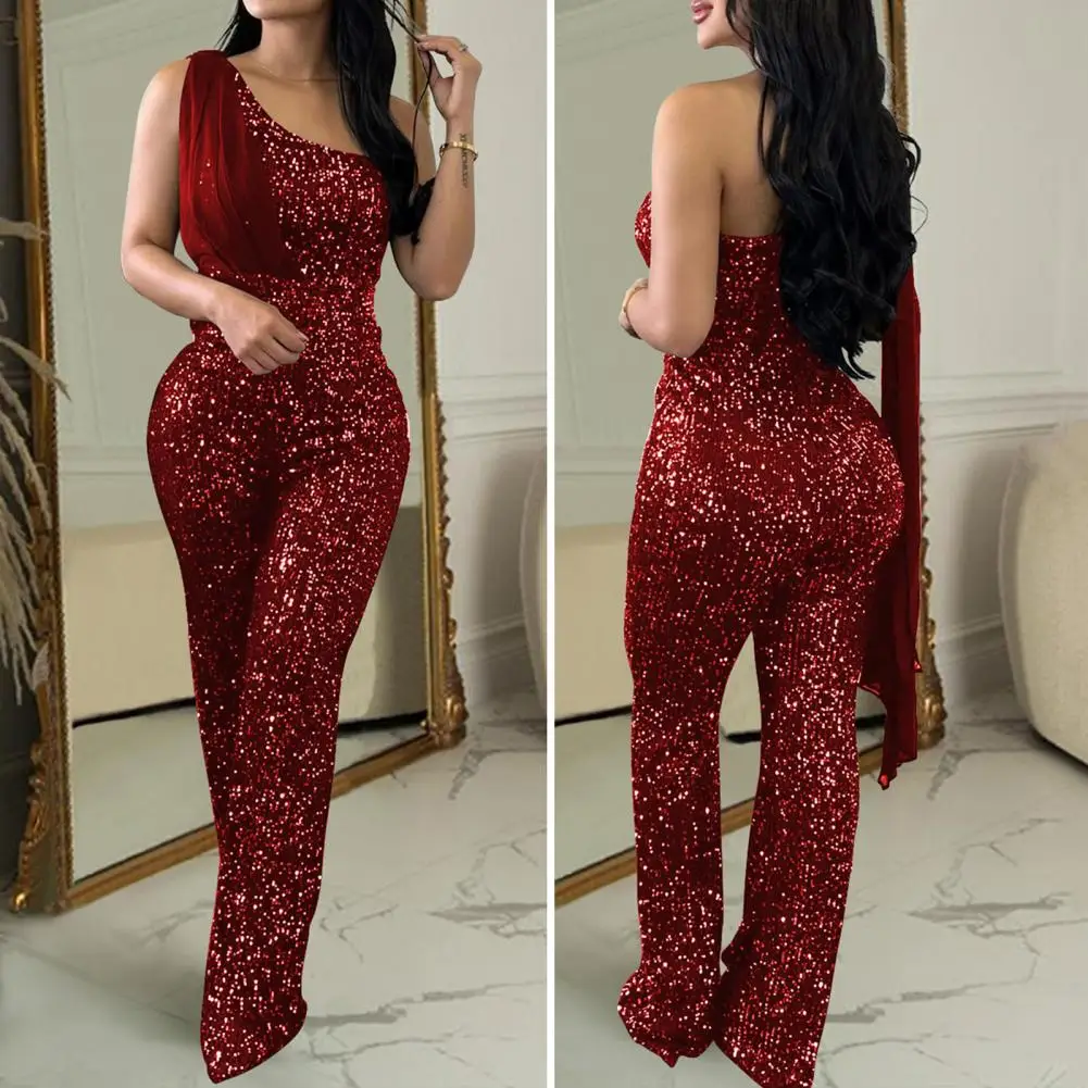 Jumpsuit payet berkilau, Jumpsuit pesta satu bahu payet berkilau untuk wanita elegan Bodycon pakaian untuk malam ulang tahun