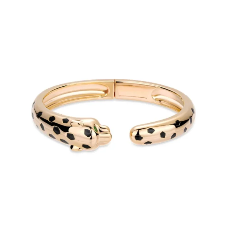 Cameo Luxury Panther Leopard Open Cuff Bangle Champagne Gold Tone Black Enamel Spot Women Statement Bracelet