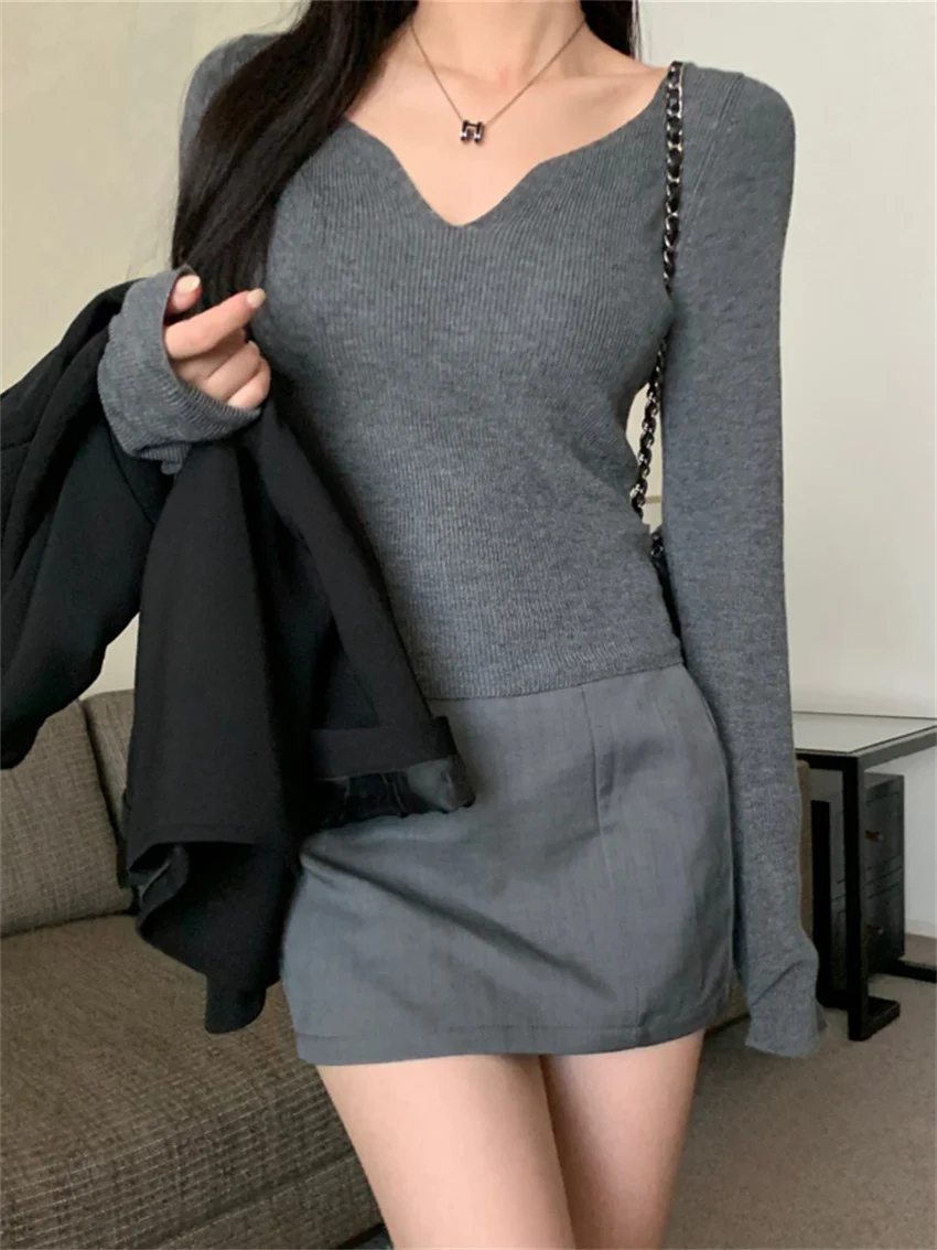 

PLAMTEE V-Neck Knitted Slim Sweaters Women 2024 Spring Full Sleeve Sexy OL Elegant Hot Sale Pullovers Fashion Daily Chic