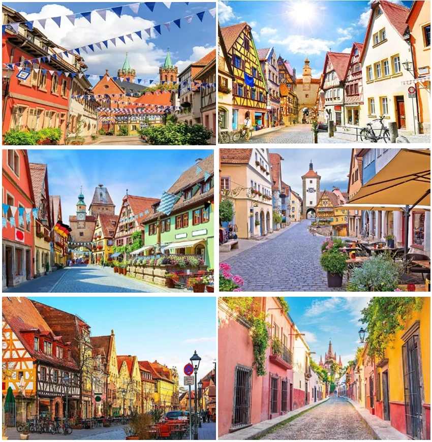 European Downtown Countryside Street Scene Backdrops Holiday Birthday Party Decor Alley Pathway Travel Photography Backgrounds