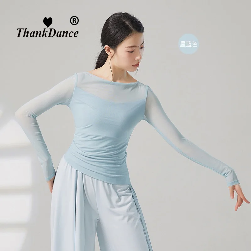 

Классический танцевальный топ, женская тренировочная одежда, плиссированная рубашка с длинными микрорасклешенными рукавами, марлевые сетчатые блузки, однотонные тонкие сценические костюмы