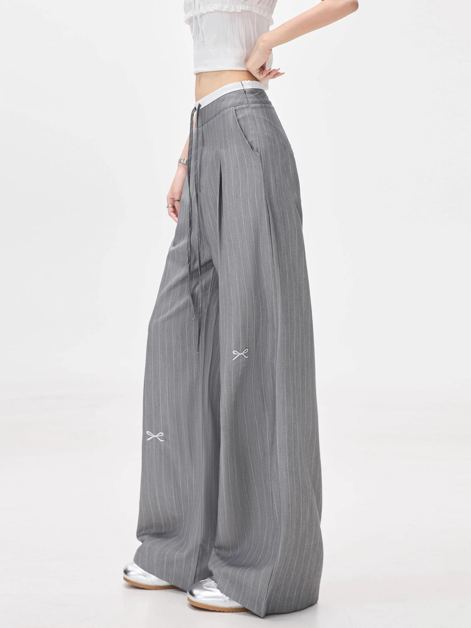 Y2K Harajuku Pants Japanese Streetwear Bow Print Stripe Suit Wide Leg Trousers High Waisted Loose Fit Lace Up Casual