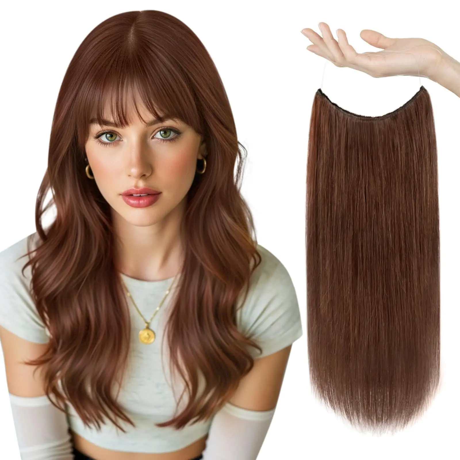 وصلات شعر بشري على شكل خط السمك قطعة واحدة 12-26 بوصة # 6 بني فاتح لحل يومي فاخر