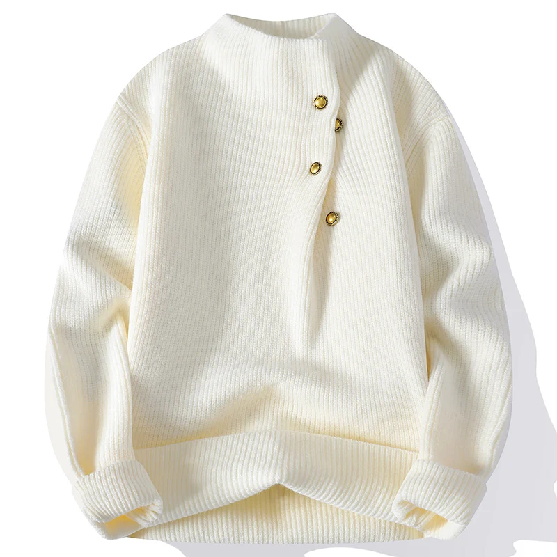 

2025 Autumn Winter Basic Solid Colour Pullover Sweater Men's Knitted Sweater Button Design Knitted Top Soft Versatile Sweater