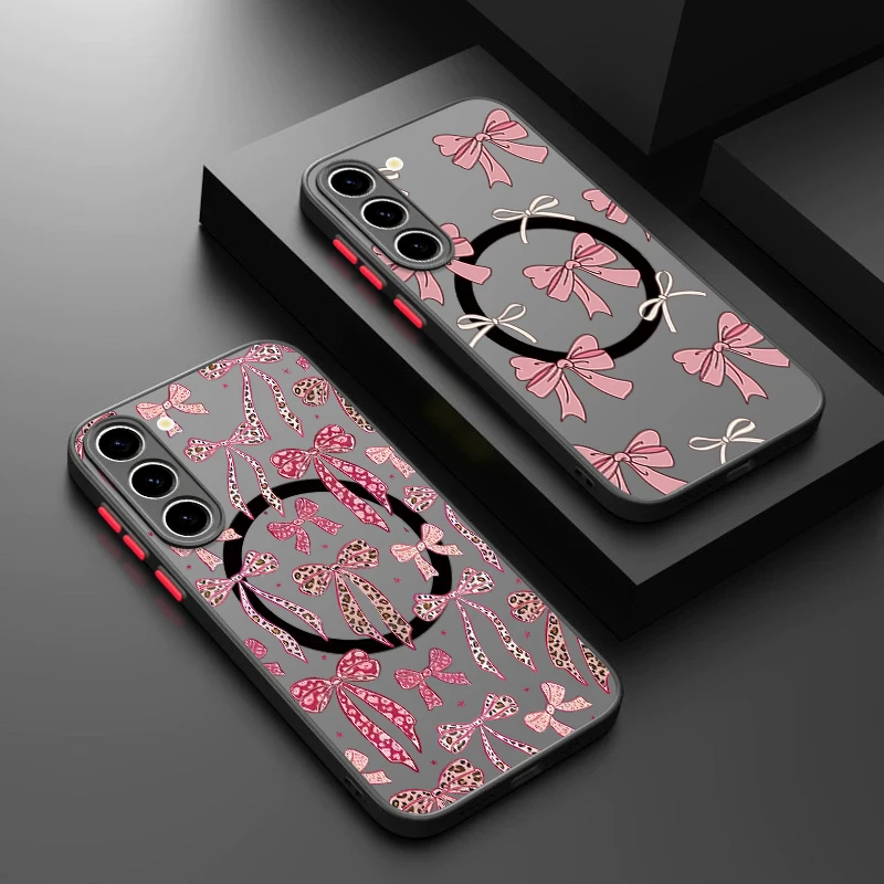 Rosa Schleifenmuster Magnetische Handyhülle für Samsung Galaxy S26 S25 Ultra S24 S23 FE S22 Ultra Plus für Magsafe Harte Matte Abdeckung