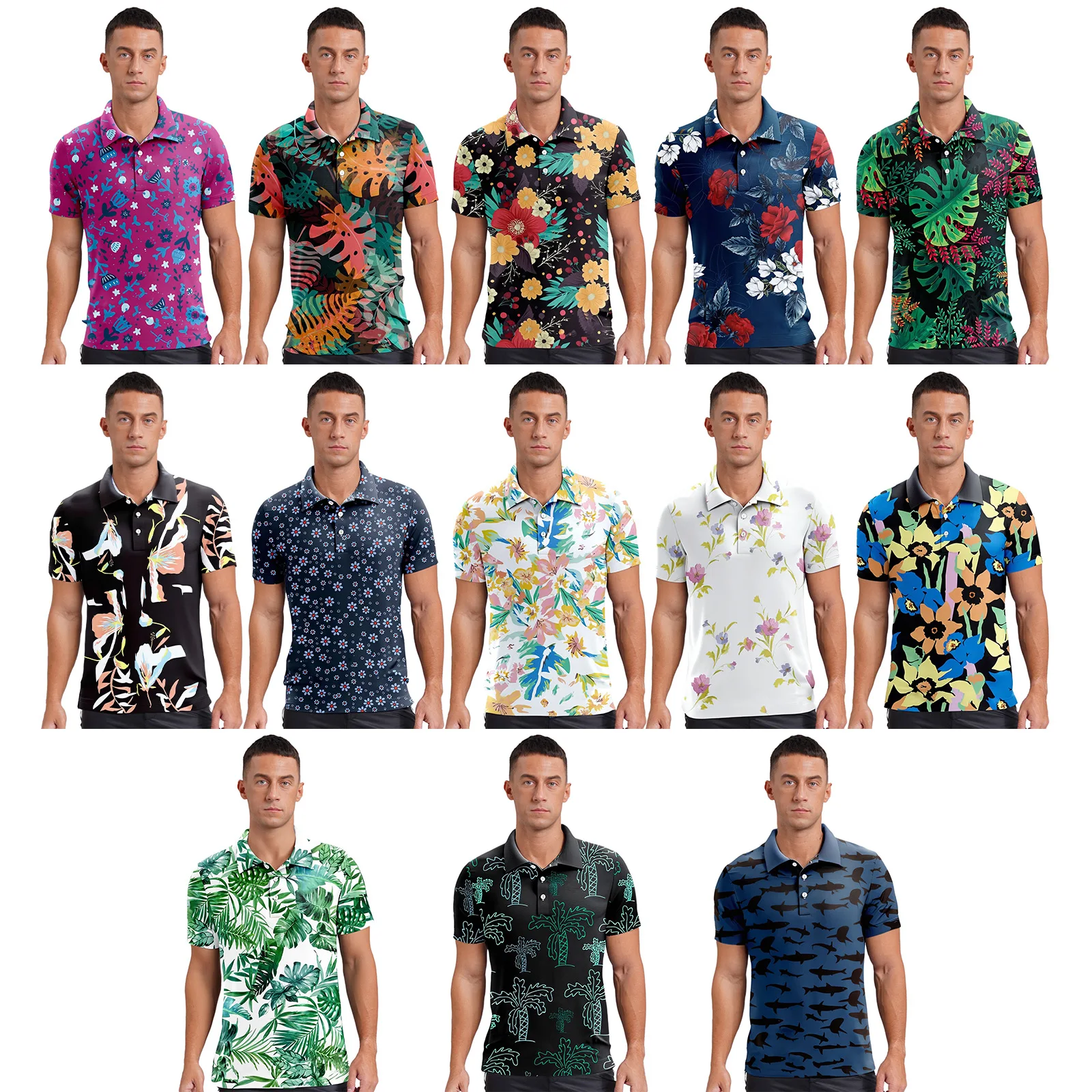 

Moisture-Wicking Breathable Golf Shirt Men S-5XL - Floral Print Turn-Down Collar Short Sleeve for Outdoor Travel Beach