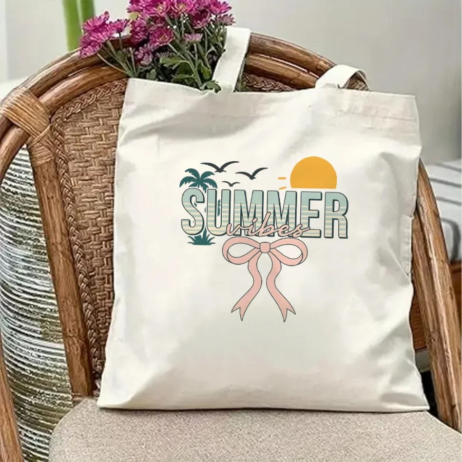 Summer Vacation Style Canvas Tote Bag Vintage Palm Tree Motif Durable School Book Bag Large Capacity Everyday Carry For Students