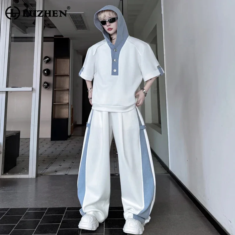 

LUZHEN Two-piece Sets Streetwear Trendy High Quality Loose Straight Casual Pants Men's Handsome Short Sleeve Hoodies Tops JY1606