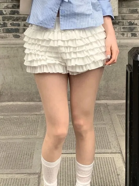 

Retro Chic Summer Age-Defng Heavy-Work Versatile Cake Flower Bud Layered Ruffle orts Skirt Pants Women's High Waist A-Lin...