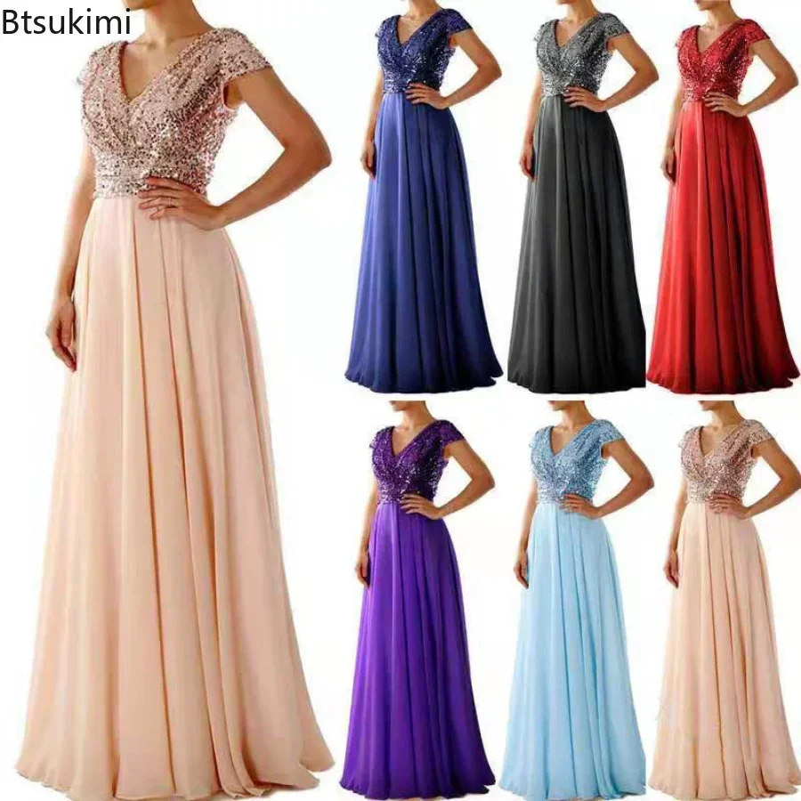 2026 Damen Gold Pailletten Party Abendkleid Elegantes Bodenlange Maxikleid Sommer V-Ausschnitt Chiffon-Kleid Party Nachtclub Abendkleid