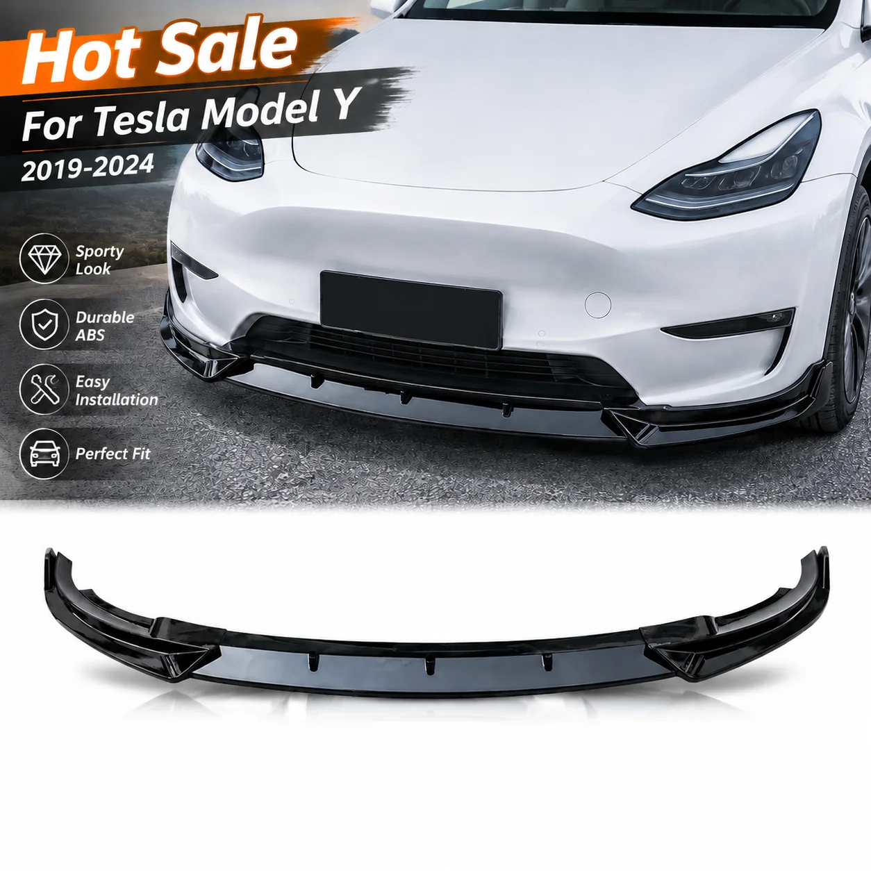 Glänzend schwarzer Frontspoiler, Stoßfängerlippe, Kinn-Splitter im V-Stil für Tesla Model Y 2019~2024, Frontstoßfängerlippe, Splitter, Diffusor, Karosserie-Kits, Tuning