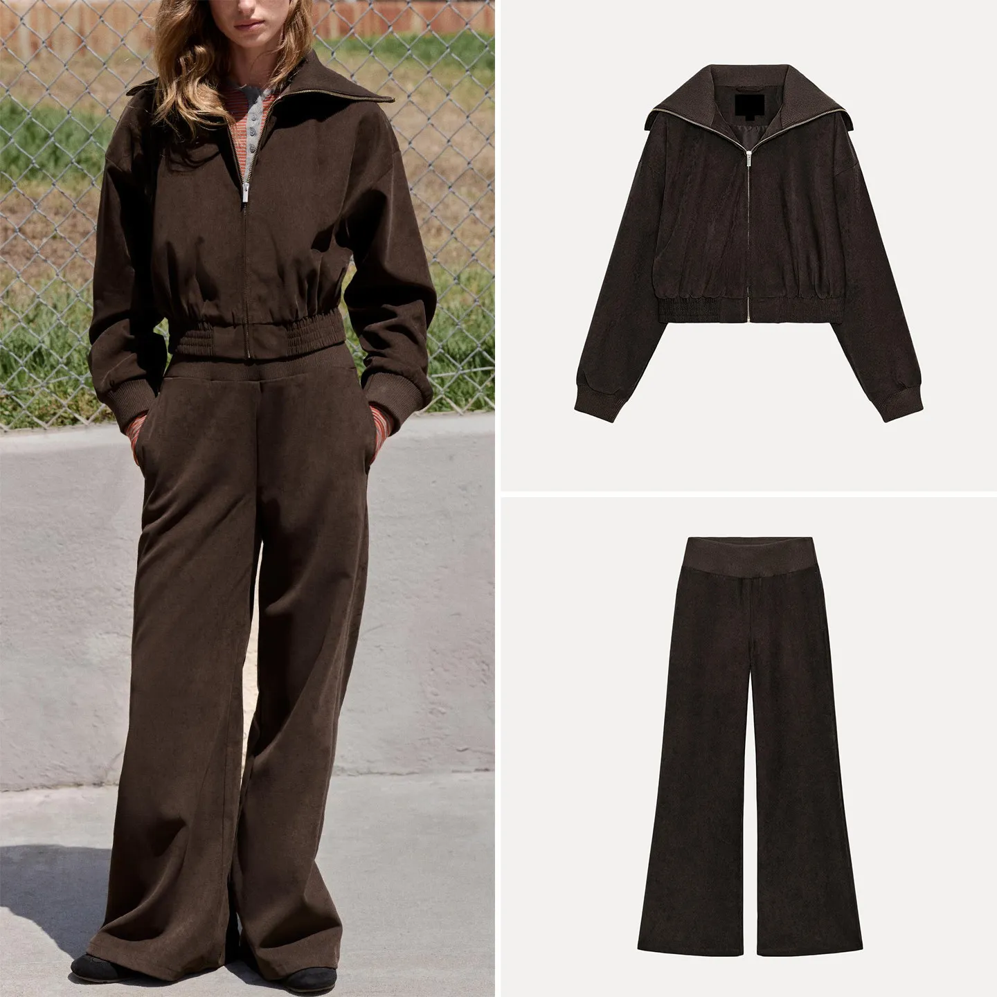 ZADATA Women's Fashion Set 2026 Autumn Long Sleeve Turn-down Collar Ribbed Collar Short Jacket Outerwear Wide Leg Pants