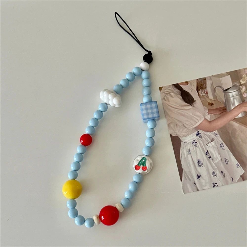 Cute Blue Clouds Cherry Beaded Phone Charm Strap Pendant For Phone Universal Accessrioes Sweet Chain Lanyard Girls Hanging Rope