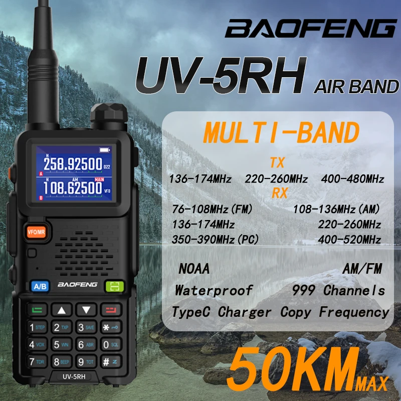 2024 New Baofeng UV-5RH Multi Band 2Way Radios Air Band One Key Frequency Copy 999CH Voice Encryption Ham Portable Walkie Talkie