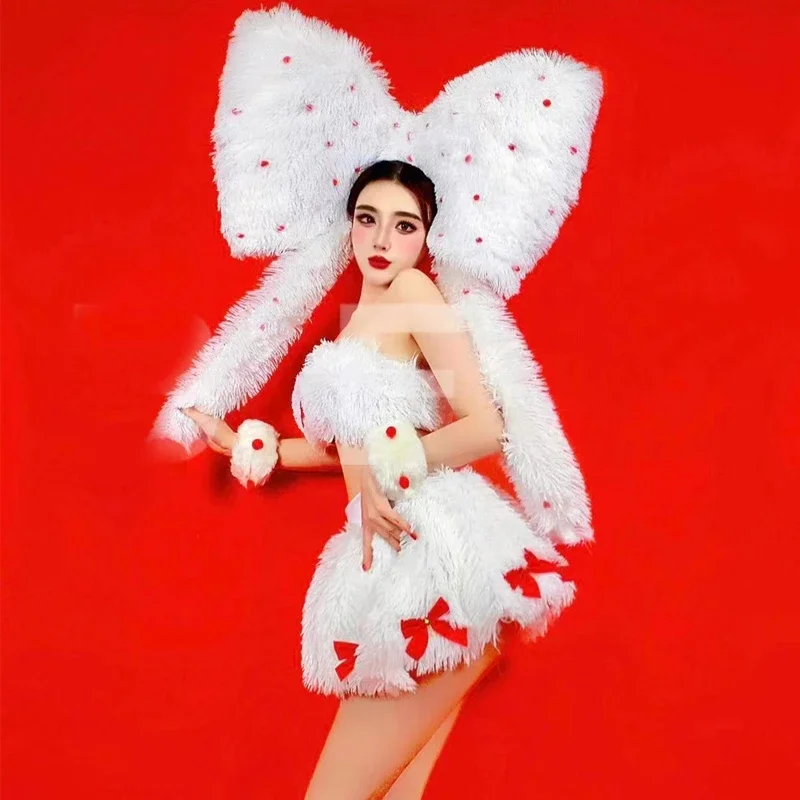 Pink Cute Suit Christmas Dancer Costume Big Bow Headwear White Fur Top Skirt Show Nightclub Stage Outfit Party Rave Clothes