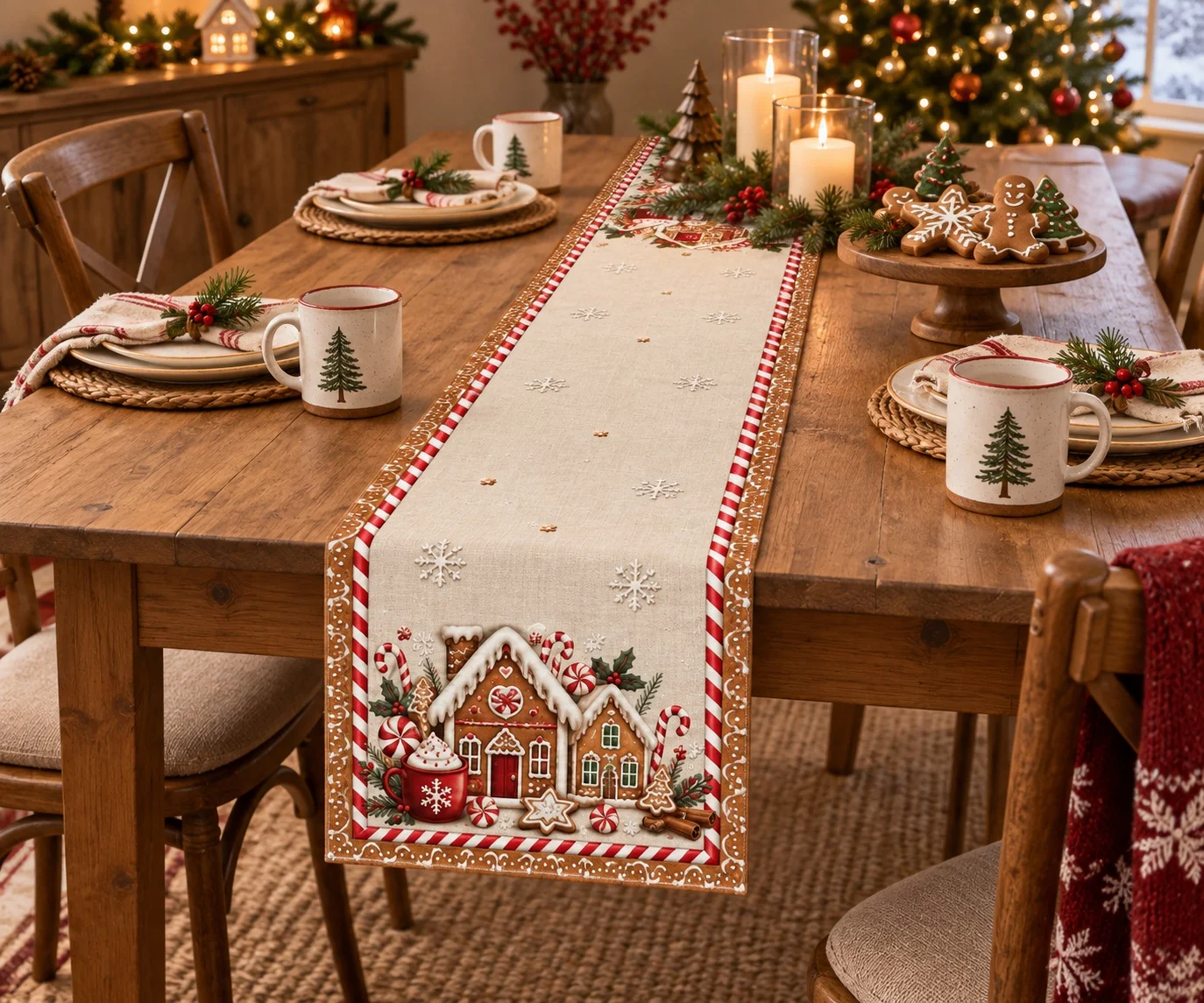 Christmas Gingerbread House Table Runner Candy Cane Snowflake Table Cover Holiday Dining Table Decor Xmas Home Party Decoration