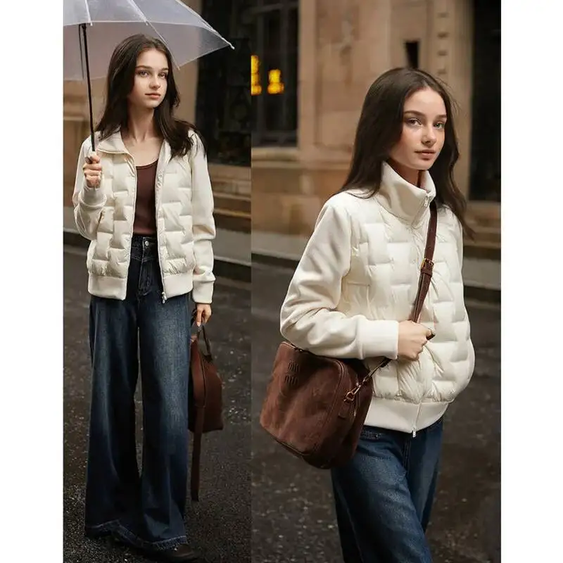 Femmes polaire courte doudoune hiver col montant Patchwork tricot fermeture éclair chaud mince doudoune, manteau décontracté