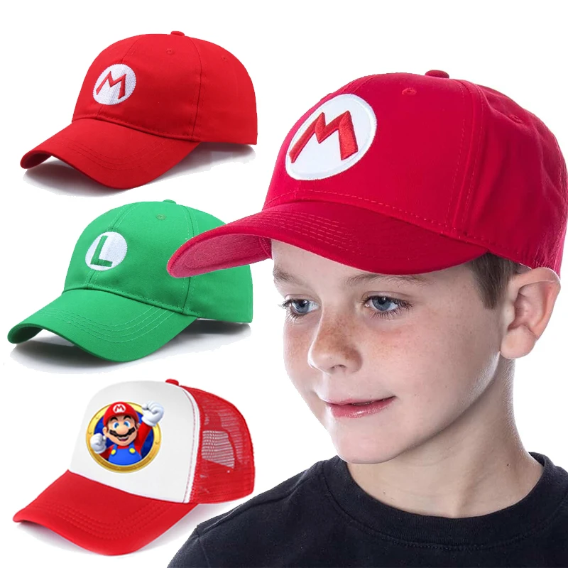 

Super Mario Bros Cap Luigi Peach Princess Children’s Anime Game Figures Baseball Cap Mario Costume Sunshade Letter Hat Kids Gift