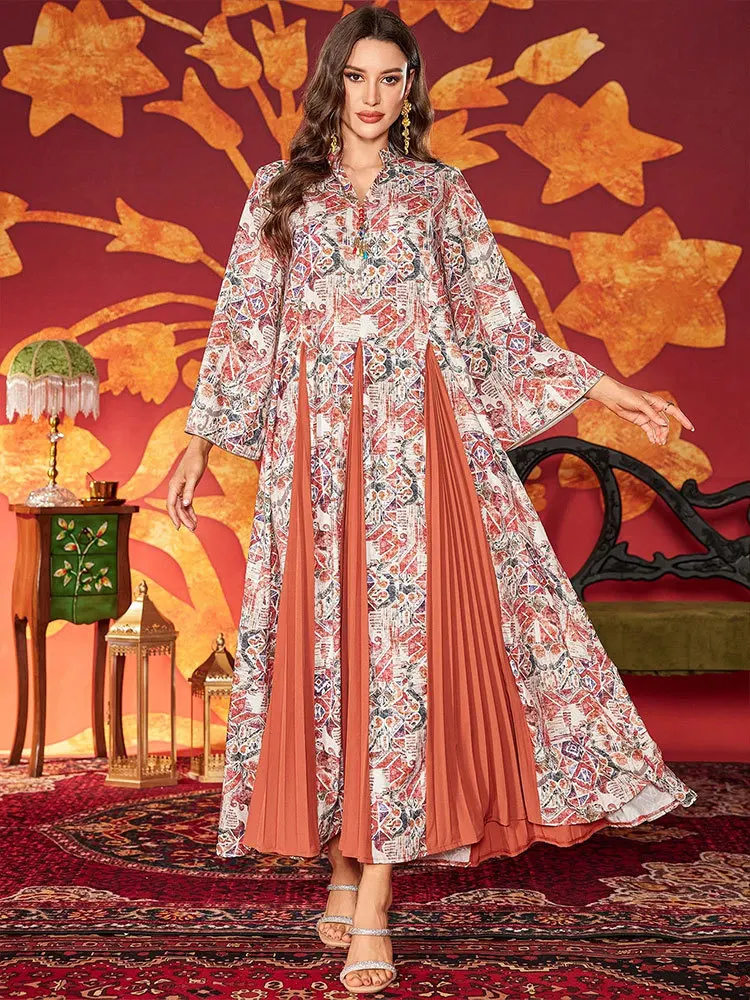 

Muslim Fashion Printed Robe Arab Crimson Gorgeous Loose Dress Women's Dress women evening dress dresses for luxury