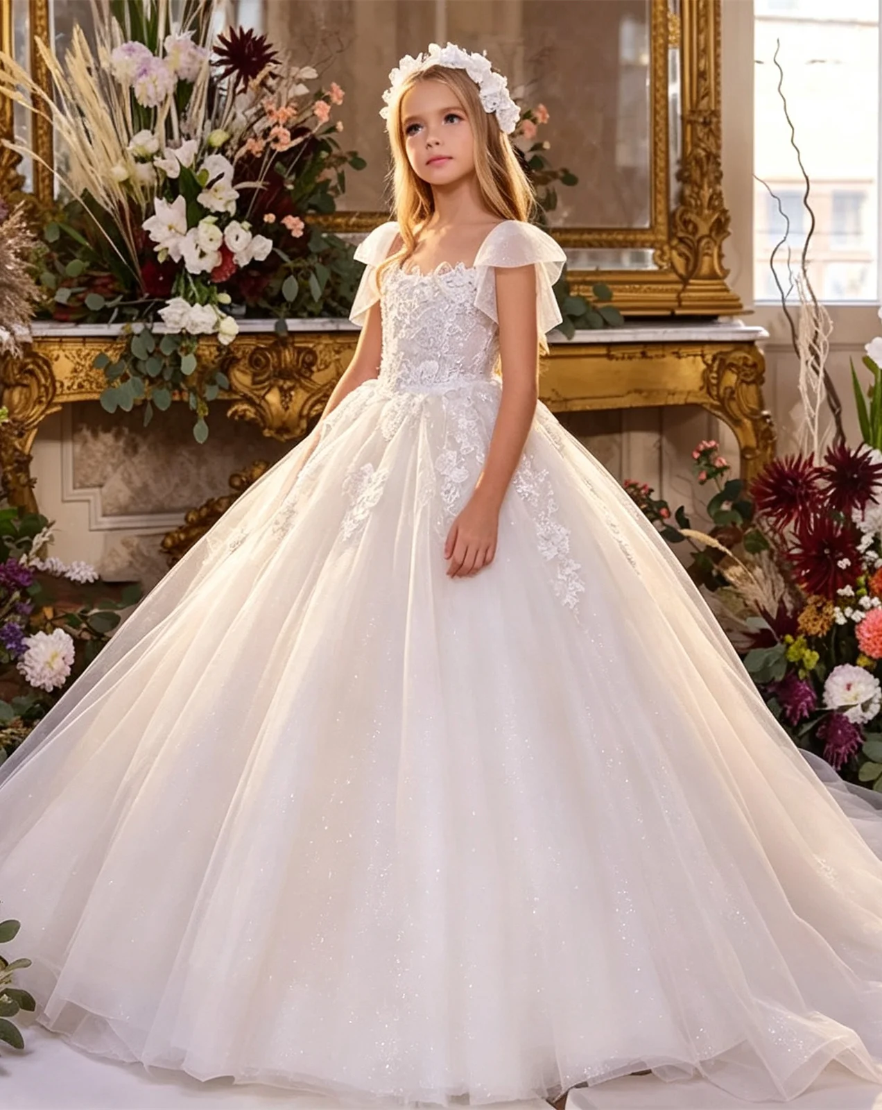 Princess Flower Girl Dresses for Wedding Appliques With Bow Floor Length Kids Birthday Party First Communion Ball Gown Custom