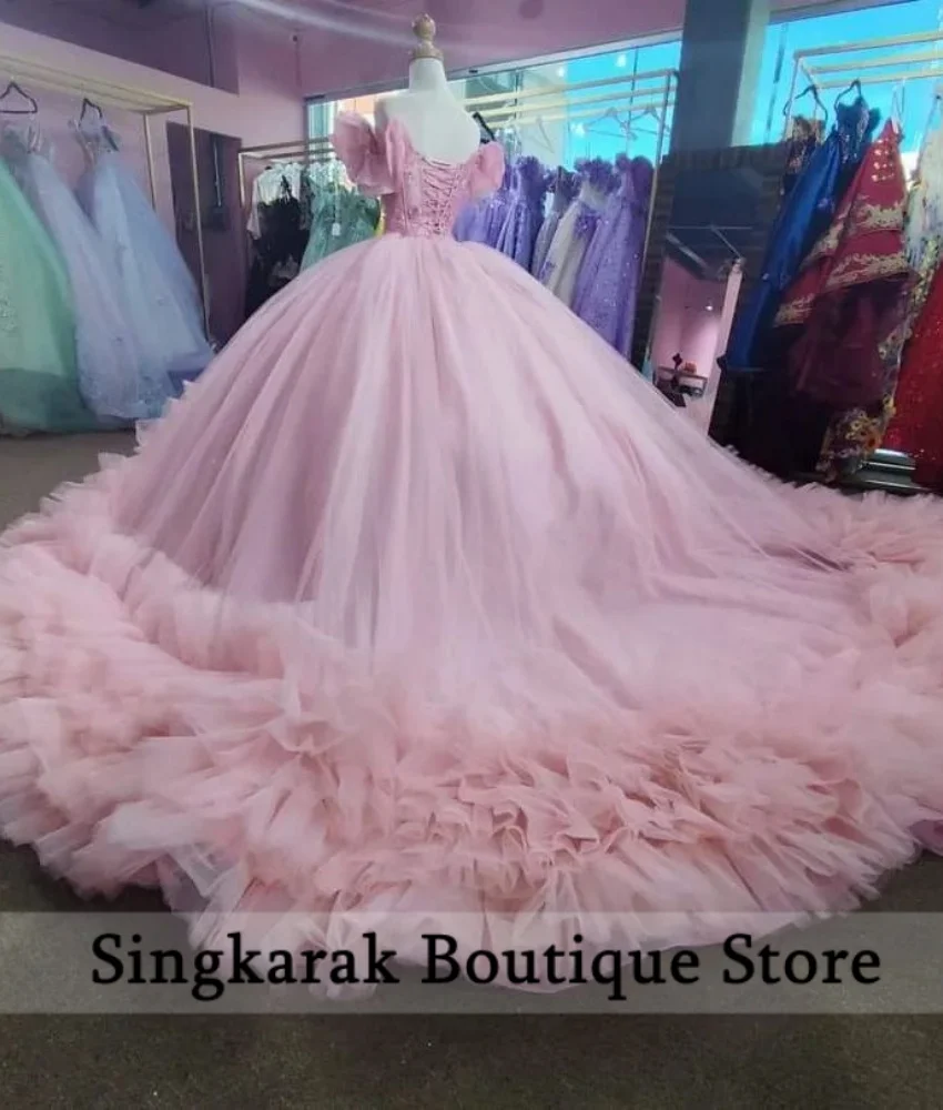 

Pink Princess Ball Gown Quinceanera Dress 2024 Beading Crystals Ruffles Vestidos De15 Años Birthday Party Lace-up Customized