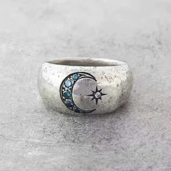 Exquisite Fashion Sun Moon Rings for Women Vintage Silver Color Inlaid Blue Stones Engagement Wedding Ring Jewelry